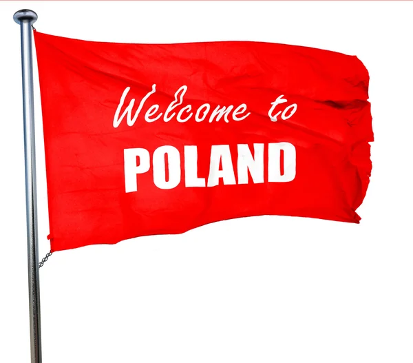 Bienvenido a poland, 3D rendering, una bandera ondeante roja —  Fotos de Stock