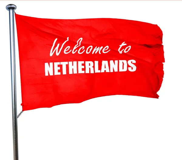 Welcome to netherlands, 3D rendering, a red waving flag — Stock Photo, Image