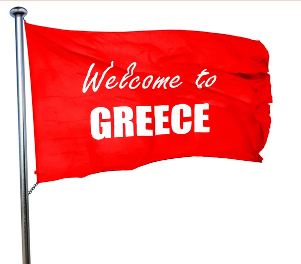 Witamy w Grecji, renderowania 3d, czerwony, macha flagą — Zdjęcie stockowe