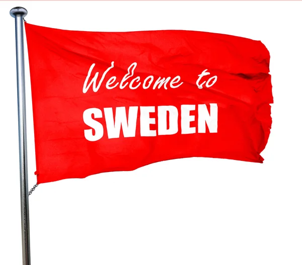 Välkommen till Sverige, 3d-rendering, en röd viftande flagga — Stockfoto