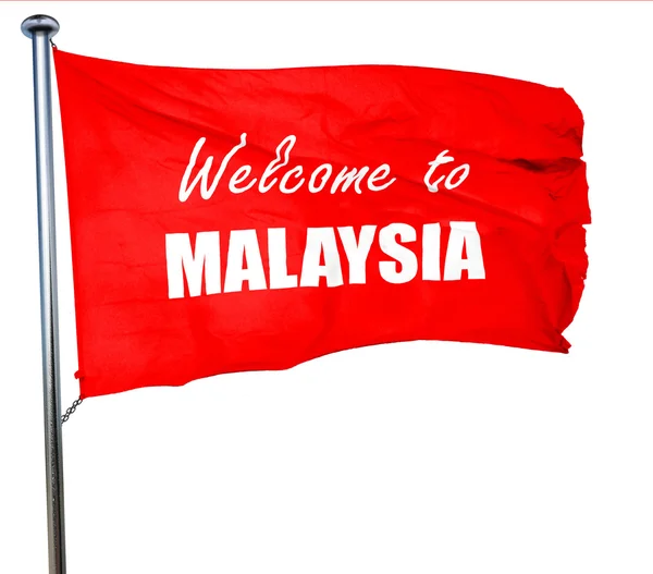 Bem-vindo à malásia, renderização 3D, uma bandeira acenando vermelho — Fotografia de Stock