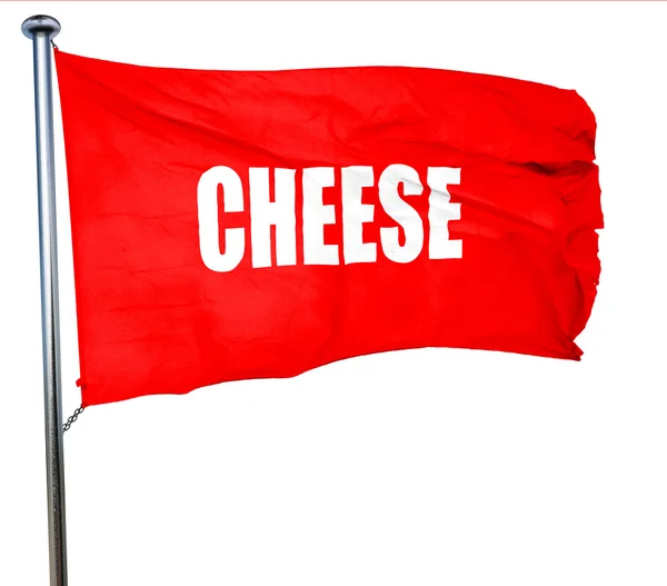 Delicious cheese sign, 3D rendering, a red waving flag — Stock Photo, Image