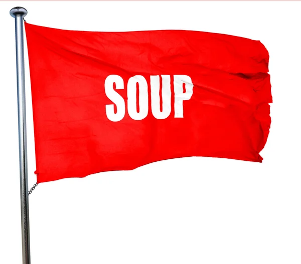 Delicioso letrero de sopa, representación 3D, una bandera roja ondeando — Foto de Stock