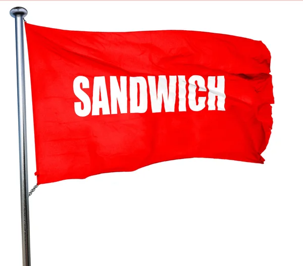 Delicioso letrero de sándwich, representación 3D, una bandera roja ondeando — Foto de Stock