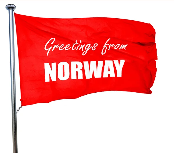 Hälsningar från Norge, 3d-rendering, en röd viftande flagga — Stockfoto
