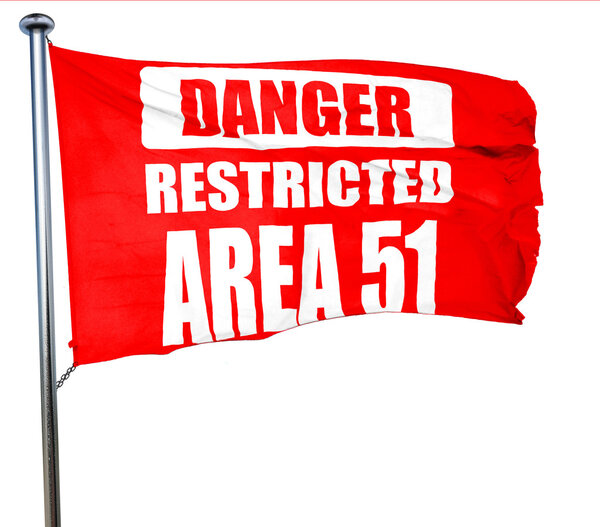 area 51 sign, 3D rendering, a red waving flag