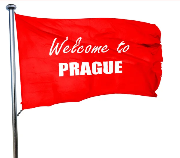 Welcome to prague, 3D rendering, a red waving flag — Stock Photo, Image