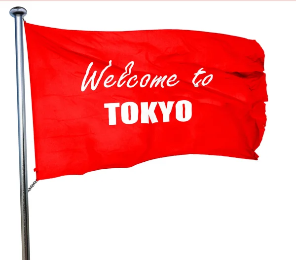 Bem-vindo ao tokyo, renderização 3D, uma bandeira acenando vermelho — Fotografia de Stock