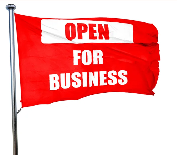 Öppen för business tecken, 3d-rendering, en röd viftande flagga — Stockfoto