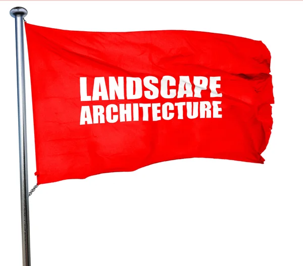 Architettura del paesaggio, rendering 3D, bandiera sventolante rossa — Foto Stock