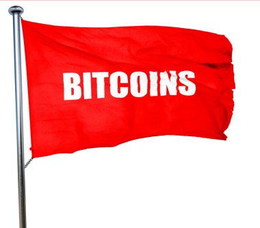 bitcoins, 3d render, bir kırmızı bayrak sallıyor