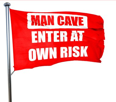 adam mağara işareti, 3d render, bir kırmızı dalgalanan bayrak