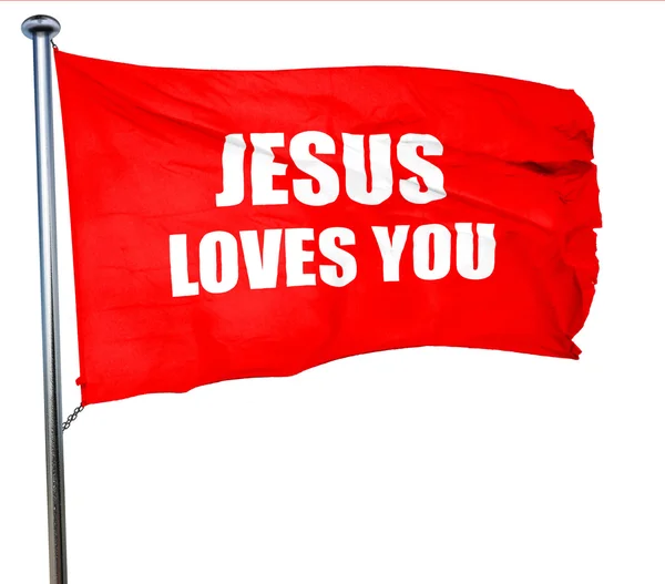 Jezus kocha Ciebie, renderowania 3d, czerwony flaga macha — Zdjęcie stockowe