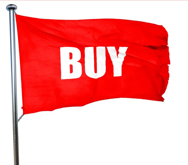 Buy now sign, 3D rendering, a red waving flag — Stock Photo, Image