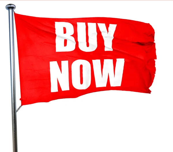 Comprar agora sinal, renderização 3D, uma bandeira acenando vermelho — Fotografia de Stock
