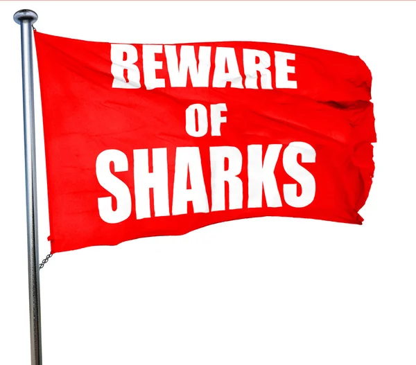 Köpekbalıkları işareti, 3d render, bir kırmızı dalgalanan bayrak dikkat — Stok fotoğraf