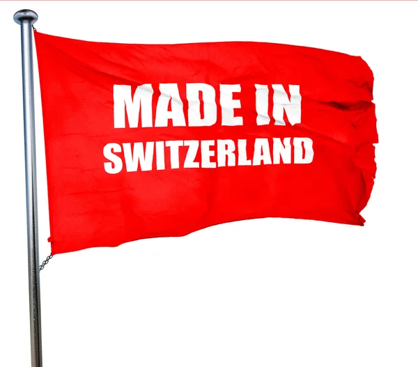 Κατασκευασμένα στην Ελβετία, 3d rendering, μια κόκκινη σημαία κυματίζει — Φωτογραφία Αρχείου