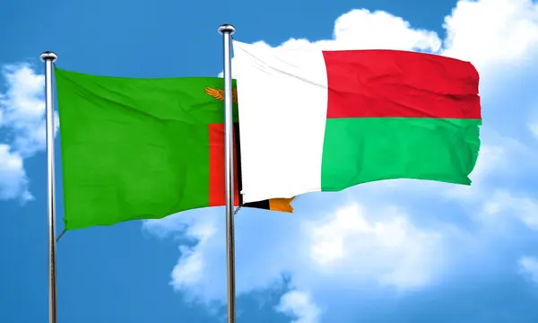 De vlag van Zambia vlag met Madagaskar, 3D-rendering — Stockfoto
