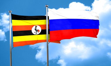 Uganda bayrağıyla Rusya bayrağı, 3d render
