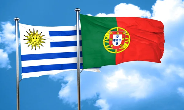 Bandiera Uruguay con bandiera Portogallo, rendering 3D — Foto Stock