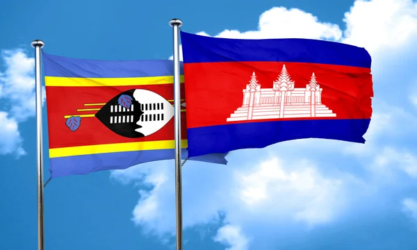 Vlag van Swaziland met Cambodja vlag, 3D-rendering — Stockfoto
