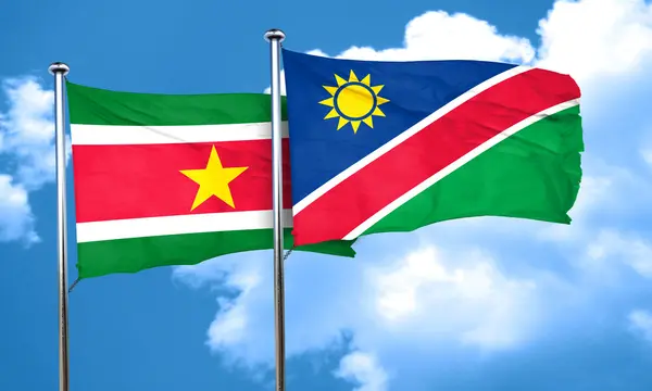 Bandera de Surinam con bandera de Namibia, representación 3D — Foto de Stock