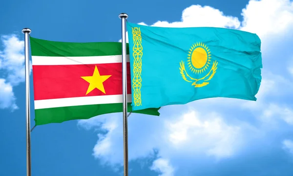 Drapeau Suriname avec drapeau Kazakhstan, rendu 3D — Photo