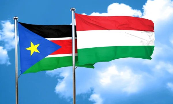 Vlajka Jižního Súdánu vlajky s Maďarskem, 3d vykreslování — Stock fotografie