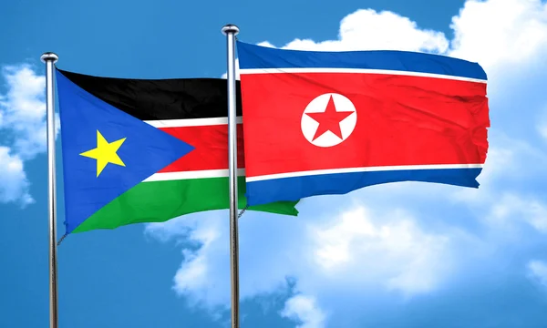 Vlajka Jižního Súdánu vlajky se Severní Koreou, 3d vykreslování — Stock fotografie