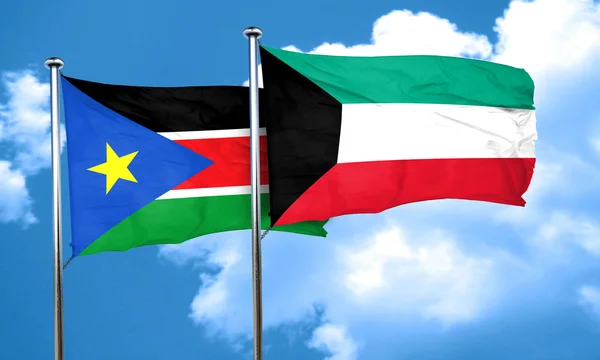 Jižní Súdán vlajka s Kuwait vlajka, 3d vykreslování — Stock fotografie