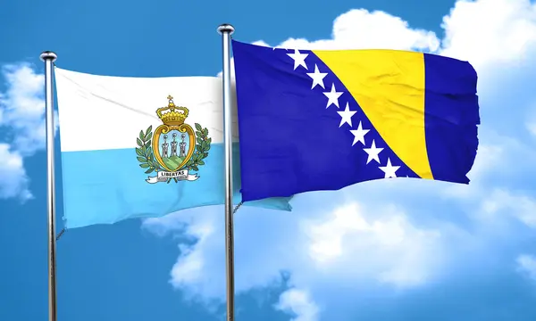 Bandera de san marino con bandera de Bosnia y Herzegovina, representación 3D — Foto de Stock