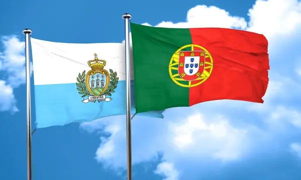 Vlajka vlajka San Marina s Portugalskem, 3d vykreslování — Stock fotografie