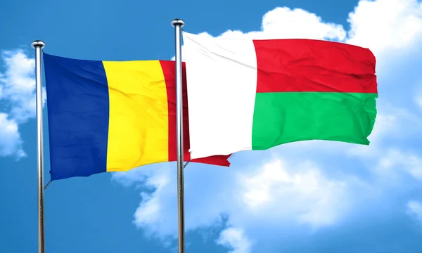 Bandiera Romania con bandiera Madagascar, rendering 3D — Foto Stock