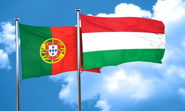Portugiesische Flagge mit ungarischer Flagge, 3D-Darstellung — Stockfoto