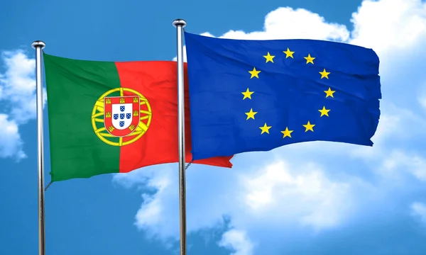 Portugal flagga med EU: s flagga, 3d-rendering — Stockfoto