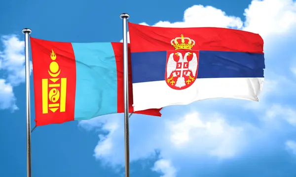 蒙古国旗和塞尔维亚国旗，3d 渲染 — 图库照片
