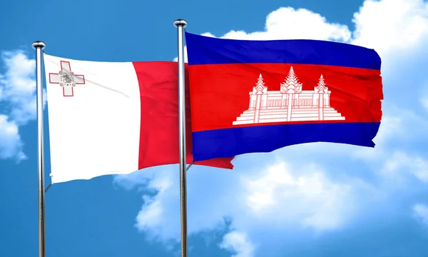 Vlag van Malta met Cambodja vlag, 3D-rendering — Stockfoto