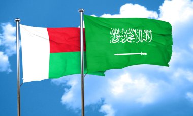 Madagaskar bayrağı ile Suudi Arabistan bayrağı, 3d render