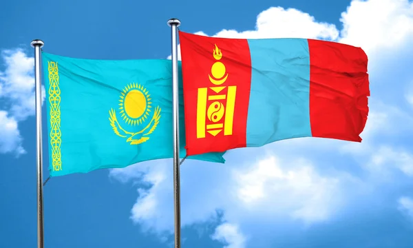 Kazakhstan flag with Mongolia flag, 3D rendering
