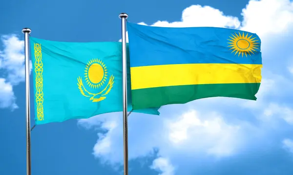 Kasachstan-Fahne mit Ruanda-Fahne, 3D-Darstellung — Stockfoto