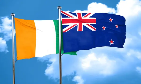 Elfenbeinküste Flagge mit Neuseeland Flagge, 3D Rendering — Stockfoto