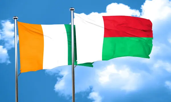Flagge der Elfenbeinküste mit Madagaskar-Flagge, 3D-Darstellung — Stockfoto