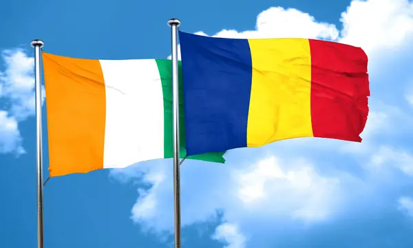 Bandera de Costa de Marfil con Bandera de Rumania, Renderizado 3D — Foto de Stock