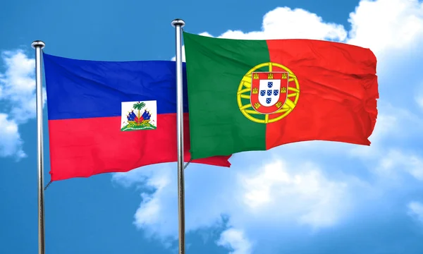 Haitianische Flagge mit portugiesischer Flagge, 3D-Darstellung — Stockfoto