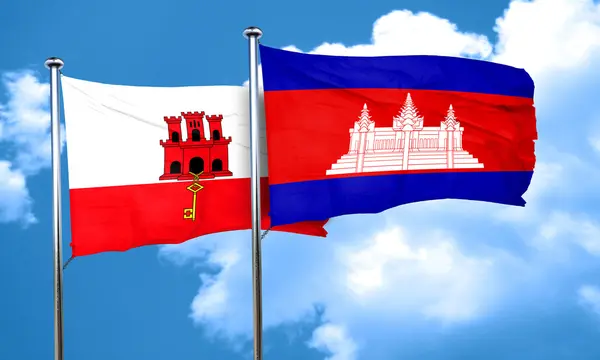 De vlag van Gibraltar vlag met Cambodja, 3D-rendering — Stockfoto