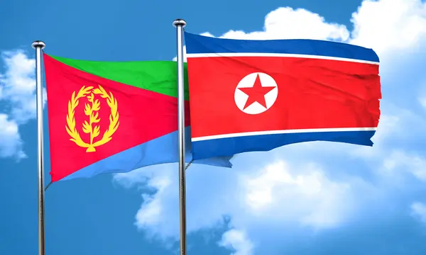 Bandera de Eritrea con bandera de Corea del Norte, representación 3D — Foto de Stock