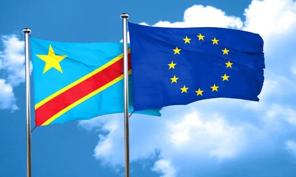 民主主义共和国刚果民主共和国国旗与欧盟旗帜, — 图库照片