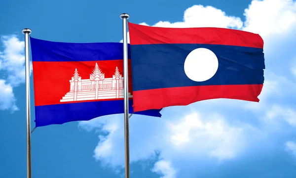 Bandeira do Camboja com bandeira do Laos, renderização 3D — Fotografia de Stock