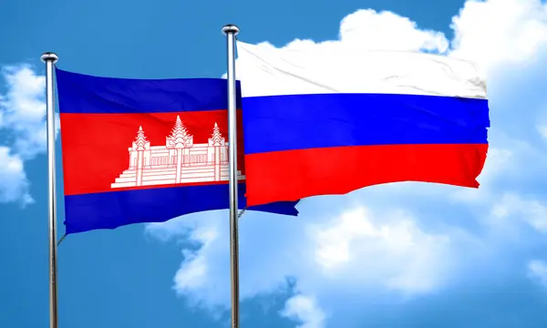 Flaga Kambodży z flagą Rosji, renderowania 3d — Zdjęcie stockowe