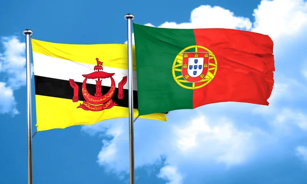 Bandera de Brunei con bandera de Portugal, Renderizado 3D —  Fotos de Stock